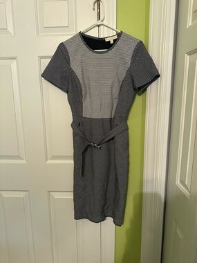 Etcetera Domino Geometric Jacquard Short Sleeve Belted Dress Size 6